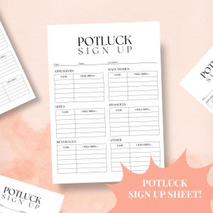 Printable Potluck Sign Up Sheet, Black and White Potluck Sign Up Sheet, Simple Design Potluck Sign Up, Universal Potluck Sign Up Sheet
