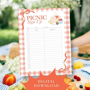 Op de afbeelding: Een picknick inschrijfformulier met een rood-witte ruitrand. Het formulier bevat ruimte voor namen en wat mensen meebrengen. De woorden "PICNIC Sign Up" staan bovenaan, met een picknickmand illustratie. De woorden "DIGITAL DOWNLOAD" staan onderaan.