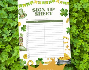 Printable St Patrick's Day Potluck Party Sign Up Sheet, St Patty's Day Sign Up Sheet, St Paddy's Sign Up, Printable Sign Up Digital Download
