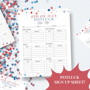 May include: White 4th of July potluck sign-up sheet with red and blue star decorations. The sheet includes sections for appetizers, main dishes, sides, desserts, beverages, and other dishes. Text reads "4th of July Potluck Sign Up".