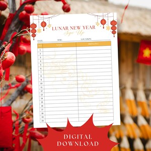 Puede incluir: Una hoja de inscripción blanca para el Año Nuevo Lunar, con detalles dorados y rojos. La hoja incluye secciones para la fecha, la hora, el lugar y lo que se debe traer. Las palabras "Lunar New Year Sign Up" están en la parte superior, con faroles decorativos. Un gráfico rojo "DIGITAL DOWNLOAD" está en la parte inferior.