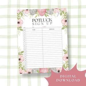 Może przedstawiać: Biała karta zgłoszeniowa na potluck z kwiatowymi i jajecznymi akcentami. Na górze napis "POTLUCK SIGN UP". Karta ma miejsca na imię i nazwisko oraz co przynoszą. Różowa grafika do pobrania cyfrowego znajduje się w prawym dolnym rogu.