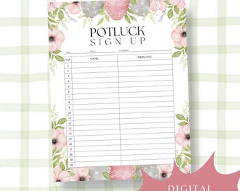 Peut inclure: Une feuille blanche pour s'inscrire à un repas-partage avec des accents floraux et en forme d'œufs. Le haut indique "POTLUCK SIGN UP". La feuille comporte des espaces pour le nom et ce qu'ils apportent.