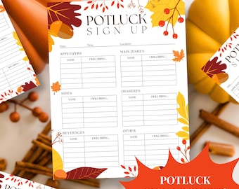 Printable Fall Potluck Sign Up Sheet, Autumn Potluck Sign Up Sheet, Thanksgiving Potluck Sign Up, Printable Potluck Sign Up Digital Download