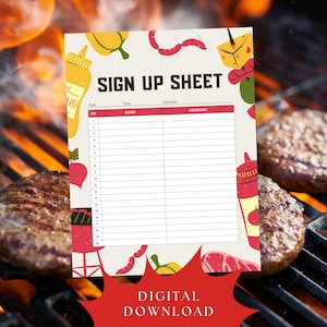 Könnte beinhalten: Ein ausdruckbares Anmeldeformular mit Grill-Thema. Das Formular hat eine rot-weiße Tabelle mit Feldern für Namen und was die Leute mitbringen. Der Hintergrund zeigt Illustrationen von Grillgut und Gewürzen. Der Text "SIGN UP SHEET" steht oben.
