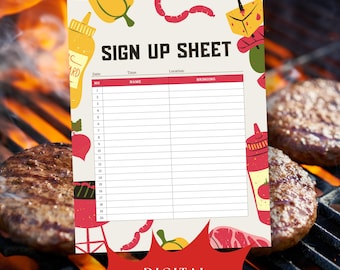 BBQ Sign Up Sheet, Barbecue Potluck Sign Up Sheet, Summer BBQ Sign Up, Picnic Sign Up Sheet, Summer Party Sign Up, Digital Download Print