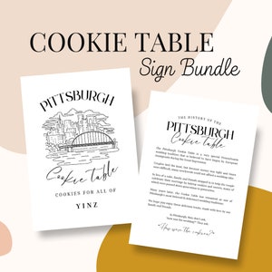 Geschichte des Pittsburgh Cookie Table Digital druckbares Zeichen-Bundle, Schwarz-Weiß-Skyline, Pittsburgh Cookie Table-Geschichte druckbares Zeichen