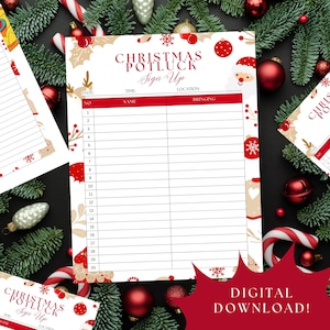 Op de afbeelding: Een kerstpotluck-inschrijfformulier met een feestelijk ontwerp. Het formulier heeft een rood-wit kleurenschema met hulst, sneeuwvlokken en illustraties van de kerstman. De tekst "CHRISTMAS POTLUCK Sign Up" wordt bovenaan weergegeven. De tekst "DIGITAL DOWNLOAD!" is ook zichtbaar.