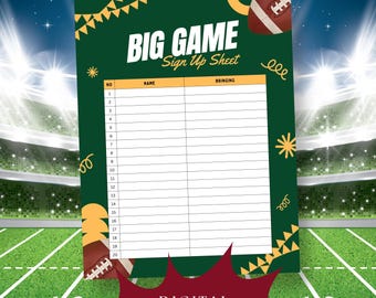 Football Potluck Sign Up Sheet, Big Game Menu, Potluck Sign Up Form, Tailgate Party Sign Up, Big Game Potluck Sign Up, Super bowl
