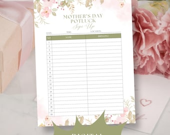 Printable Mother's Day Potluck Sign Up Sheet, Mother's Day Brunch Sign Up Sheet, Mother's Day Sign Up, Printable Sign Up Digital Download