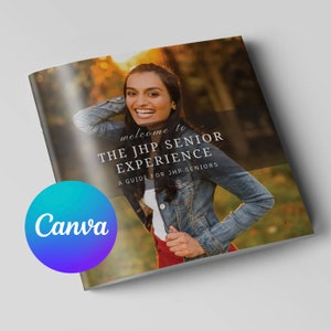 May include: A guide for JHP seniors, titled "Welcome to The JHP Senior Experience: A Guide for JHP Seniors". The cover features a smiling woman wearing a denim jacket and red shirt, standing in a park with fall foliage.