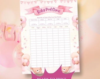 Girl Baby Pool for Shower, Baby Betting Game, Baby Predictions Game, Baby Shower Activity, Baby's Weight Office Game, Ready to Print