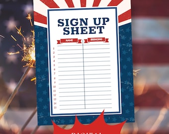 4th of July Sign Up Sheet, Fourth of July Potluck Sign Up Sheet, USA Sign Up Sheet, Presidents Day, BBQ Sign Up Digital Download