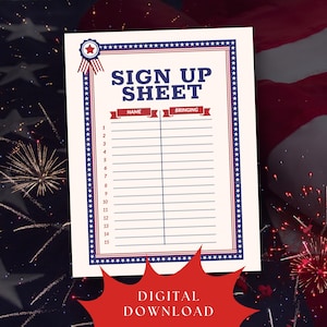 May include: A cream-colored sign-up sheet with a red, white, and blue border and star accents. The words "SIGN UP SHEET" are in navy blue. The sheet has spaces for names and what people are bringing. The words "DIGITAL DOWNLOAD" are in a red burst.