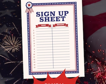 4th of July Sign Up Sheet, Fourth of July Potluck Sign Up Sheet, USA Sign Up Sheet, Presidents Day, BBQ Sign Up Digital Download