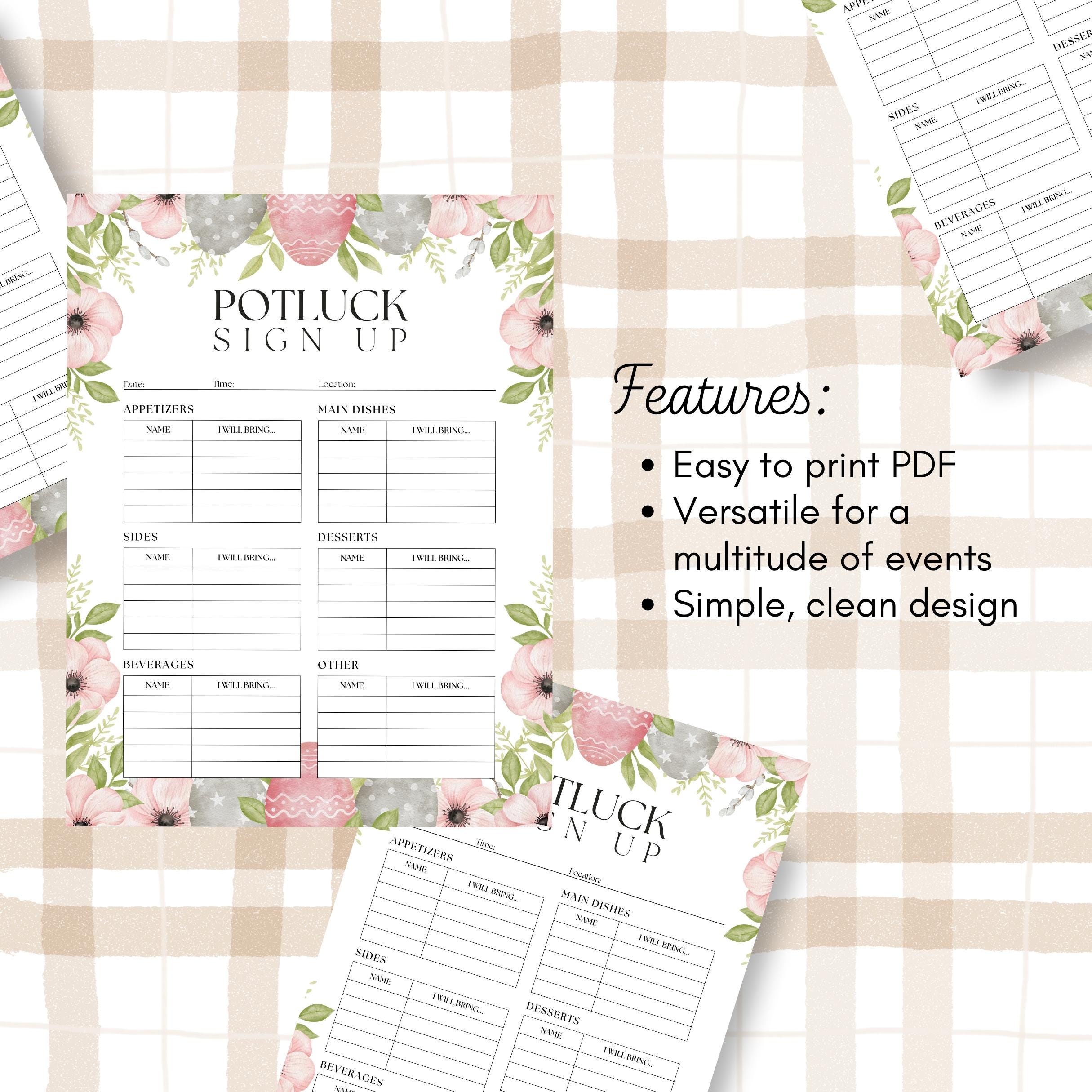 Spring Potluck Sign Printable Printable Easter Potluck Sign up Sheet, Spring Potluck Sign up Sheet ...
