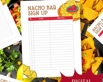 Hoja de inscripción imprimible para bar de nachos, hoja de inscripción para comida compartida en bar de nachos, hoja de inscripción para comida compartida en fiestas, hoja de inscripción imprimible para comida compartida, descarga digital