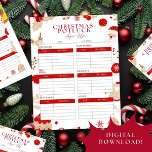 May include: A white Christmas Potluck Sign Up sheet with red accents and festive illustrations. The sheet includes sections for appetizers, main dishes, sides, desserts, beverages, and other. The words "Christmas Potluck Sign Up" are at the top. "Digital Download!" is at the bottom.