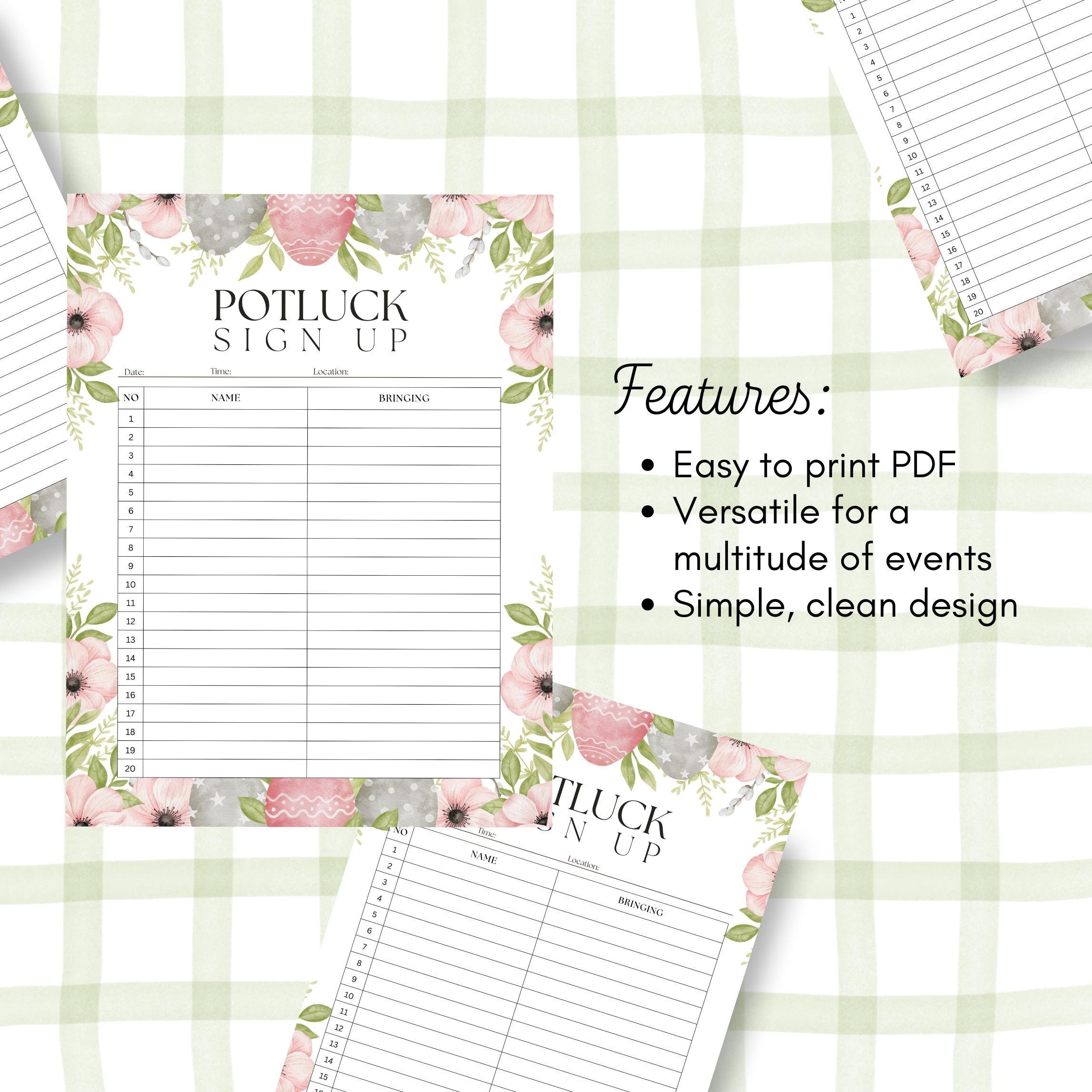 Spring Potluck Sign Printable Printable Easter Potluck Sign up Sheet, Spring Potluck Sign up Sheet ...