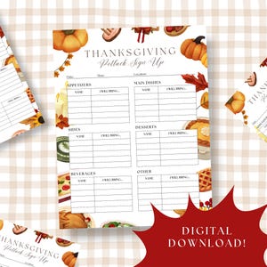 Puede incluir: Hoja de inscripción para la cena de Acción de Gracias con ilustraciones de calabazas, hojas y alimentos. El formulario incluye secciones para aperitivos, platos principales, guarniciones y postres. El texto "¡Descarga digital!" es visible.