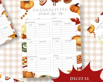 Könnte beinhalten: Ein Thanksgiving-Potluck-Anmeldeformular mit Illustrationen von Kürbissen, Blättern und Lebensmitteln. Das Formular ist in Abschnitte für verschiedene Gerichte unterteilt, darunter Vorspeisen, Hauptgerichte, Beilagen und Desserts. Der Text "Digitaler Download!" ist sichtbar.