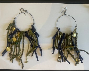 Vintage 1990's Hoop Earrings with Chains and Leather Dangles