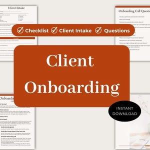 以下が含まれることがあります： クライアントオンボーディングのチェックリスト。クライアントの受付、オンボーディングコールの質問、メール、請求書、ウェルカムパッケージの送信に関するチェックリストがあります。テキスト「Client Onboarding」は、茶色の背景に大きな白いフォントで表示されています。