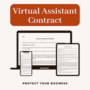 May include: A black laptop and a black smartphone with a white screen displaying a virtual assistant contract. The text on the screen reads "Virtual Assistant Contract". The laptop and smartphone are on a white background. The text "PROTECT YOUR BUSINESS" is below the devices.