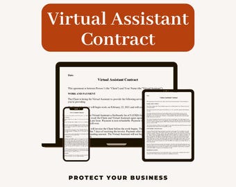 Puede incluir: Un ordenador portátil negro y un teléfono inteligente negro con una pantalla blanca que muestra un contrato de asistente virtual. El texto en la pantalla dice "Virtual Assistant Contract". El portátil y el teléfono inteligente están sobre un fondo blanco. El texto "PROTECT YOUR BUSINESS" está debajo de los dispositivos.