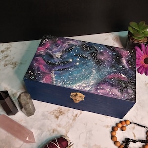 Galaxy Wood Box, Tarot Card Box, Altar Storage, Zodiac Decor Art, Jewelry Storage, Galaxy jewelry box, storage