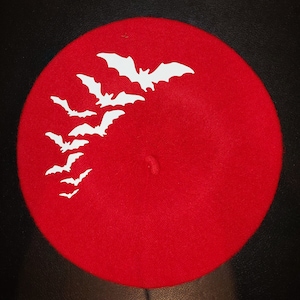 Red Beret With White Bat Vinyl Design  , Alt Fashion, Emo, Dark Fashion