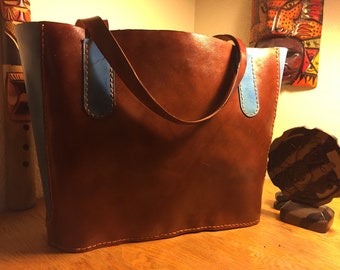 Leather Tote Hand Crafted Dark Brown and Turquoise Medium size