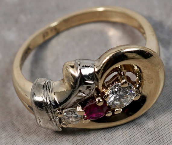 Art Deco 1920's 14K Yellow Gold Diamond Ruby Swirl