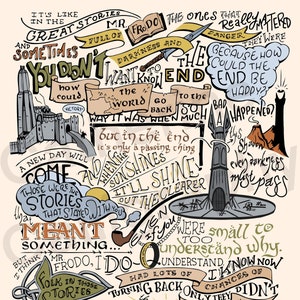 May include: A hand-drawn illustration with a yellow background and black, white, and brown text. The text reads "It's like great stories in the darkness and danger. Sometimes you don't want to know the end. But in the end, it's only a passing thing. When the sunshine shines, it'll shine out the clearer. Those were the stories that stayed with you.  They meant something. Mr. Frodo, I do understand. I know now. Folk in those stories because they were holding onto something. What there are some holding onto something. Mr. Frodo."