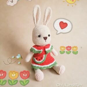 CROCHET PATTERN Melody - a bunny amigurumi loves watermelon animal plush toy / Handmade/ DIY with Instant Download/ English rabbit chart