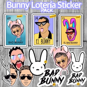 Bad Bunny Lotería Stickers, El Bunny Vinyl Diecut Sticker, weather proof sticker, laptop water bottle sticker, Mexican Lotería