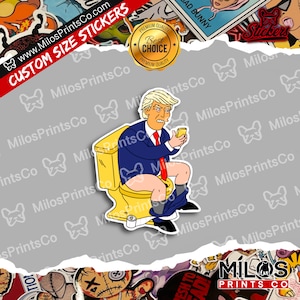 May include: A sticker featuring a cartoon illustration of a person sitting on a toilet holding a phone. The sticker is yellow, blue, and white. The text "Milos Prints Co" is repeated around the sticker.