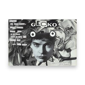 May include: Black and white collage artwork with a portrait of a person with large eyes and the word "GECKO" in bold letters. The text "Hay lugares que guardan un cariño te amo hasta donde la palabra duele, cuando Mi corona estalle en distintos colores como caracol del mar." is also included in the collage.