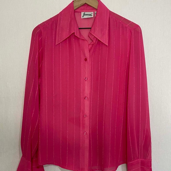 Women's Vintage 70's Joanna Hot Pink Shirt Blouse Polyester Wingtip Collar Sheer Lightweight Button Down Medium/Large