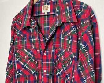 Men's Vintage 80's Ely Cattleman Pearl Snap Western Shirt Red Green Plaid Tartan Ranch Cowboy XXL/XXXL 2X/3X