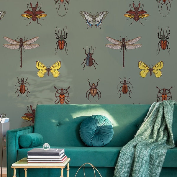 Wallpaper with insects, butterflies, beetles, dragonfly, Wall Mural, Peel and Stick, Self Adhesive, Removable, Wall Decor