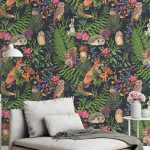 Dark Green Forest Wallpaper, Forest Animals, Fox, Owl, Fern and Mushrooms Wall Mural, Peel and Stick Wallpaper, Self Adhesive, Wall Decor