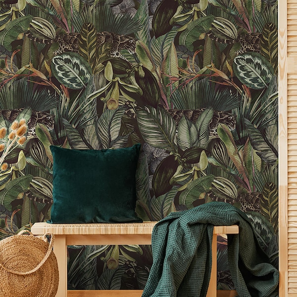 Dark Tropical Vintage Wallpaper with Exotic Leaves, Jungle, Wall Mural, Peel and Stick Wallpaper, Self Adhesive, Wall Decor