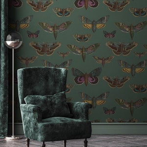 Green Abstract Butterfly Wallpaper, Moth Wall Mural, Animal Home Decor ...