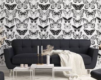 Black and White Wallpaper, Butterflies and Moths Pattern, Wall Mural, Peel and Stick Wallpaper , Self Adhesive, Removable, Wall Decor