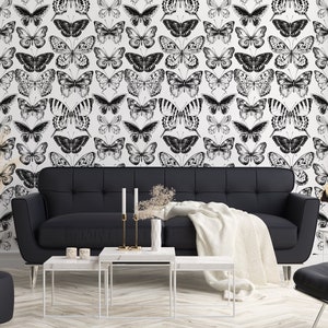 Black and White Wallpaper, Butterflies and Moths Pattern, Wall Mural, Peel and Stick Wallpaper , Self Adhesive, Removable, Wall Decor