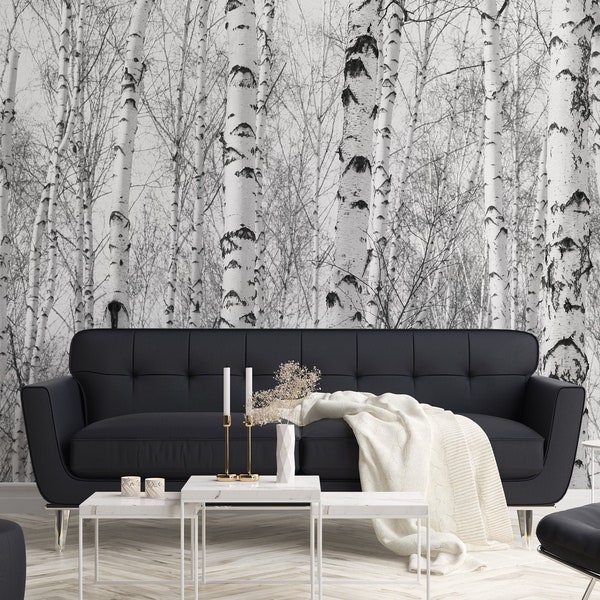 Black and White Wallpaper with Birch-trees, Forest Wall Mural, Peel and Stick Wallpaper, Self Adhesive, Wall Decor