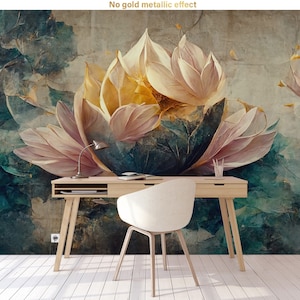 Abstract floral wallpaper, pink and white lotuses with gold, Wall Mural, Peel and Stick, Self Adhesive, Removable, Wall Decor