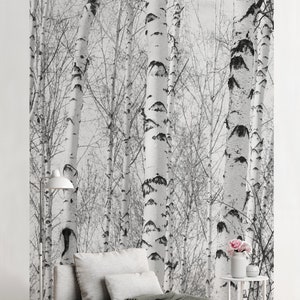 May include: A white couch with a white throw blanket and a white lamp in front of a black and white photo of birch trees.