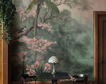Vintage jungle wallpaper, exotic forest with toucans Wall Mural, home decor, Peel and Stick (self adhesive) or Traditional Vinyl Paper